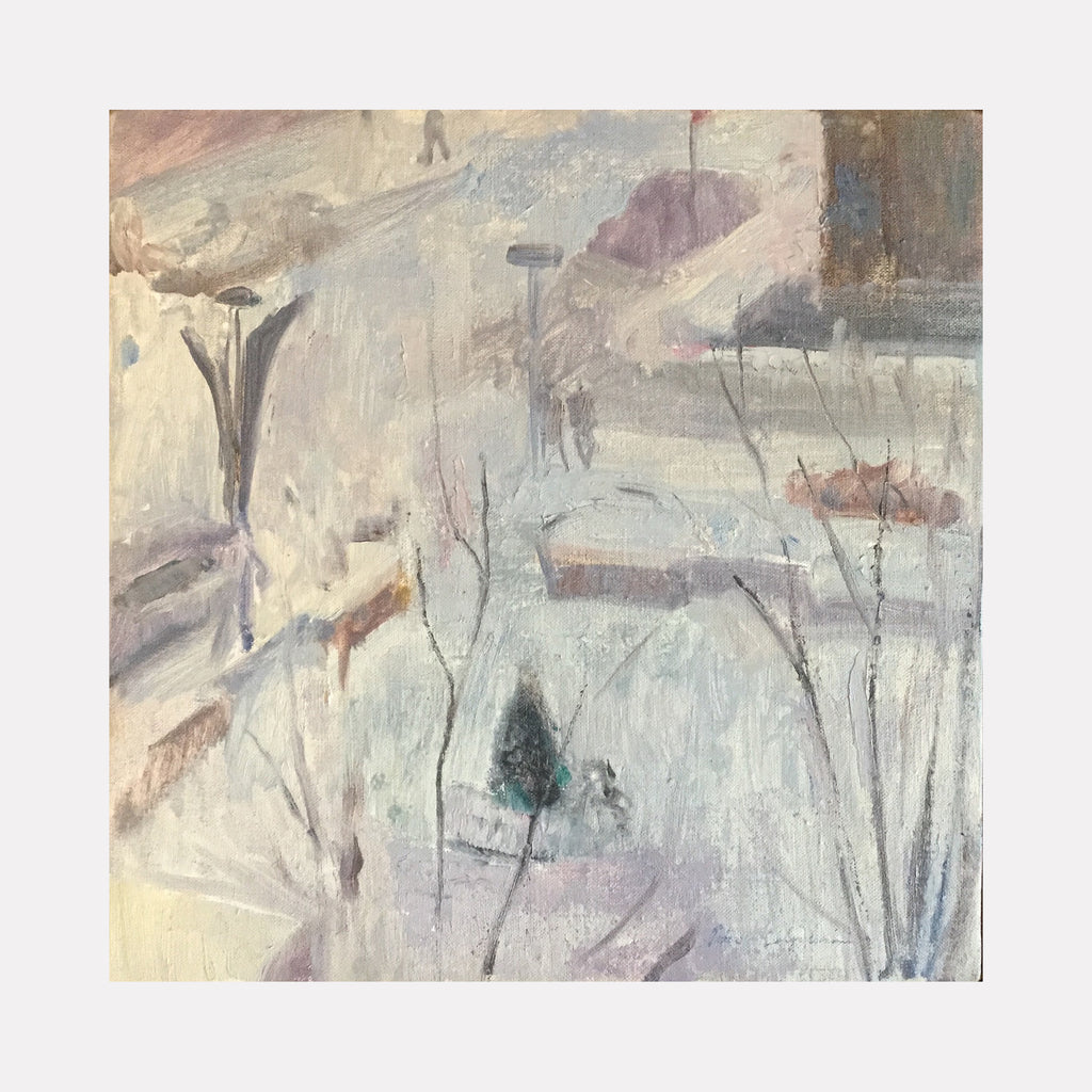 The artwork 'Duane Street, Snow' by Peter Colquhoun captures a snowy urban landscape in muted winter tones. Delicate brushstrokes depict bare tree branches against a misty grey-white background, with subtle touches of mauve and cream. A small evergreen tree adds a focal point amid the ethereal, impressionistic winter scene rendered in oil on paper.