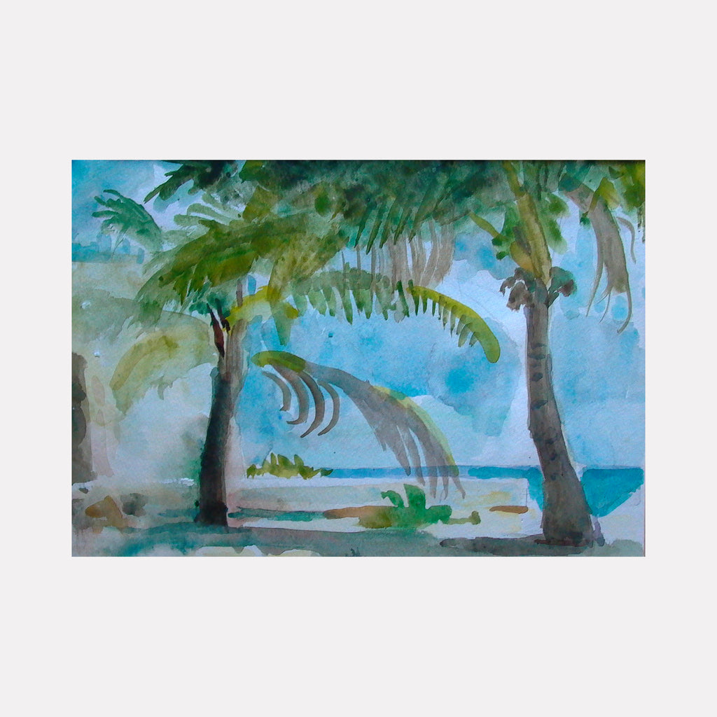 The artwork 'Playa del Carmen' by Peter Colquhoun features a tranquil tropical beach scene painted in watercolor, depicting swaying palm trees framing a turquoise ocean view. The composition uses soft, fluid brushstrokes in shades of green, blue, and gray to create a serene coastal landscape with delicate palm fronds dancing in the breeze.