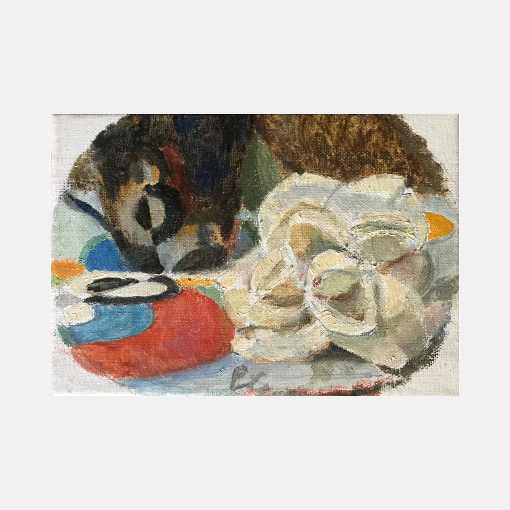 The artwork 'Still Life with Rose' by Peter Colquhoun features a delicate white rose rendered in loose watercolor strokes, set against vibrant patches of coral red and azure blue. The composition includes abstract forms in earthy browns and blacks, creating a modern interpretation of traditional still life, painted with expressive brushwork on textured paper.