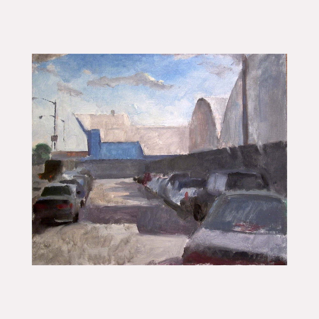 The artwork 'Red Hook, Brooklyn (Pier Parking)' depicts an urban parking lot scene with parked cars beneath a bright blue sky. The oil painting captures industrial buildings and warehouses in muted grays and blues, with soft brushstrokes creating an impressionistic atmosphere of a Brooklyn waterfront. Painted with atmospheric perspective by Peter Colquhoun.