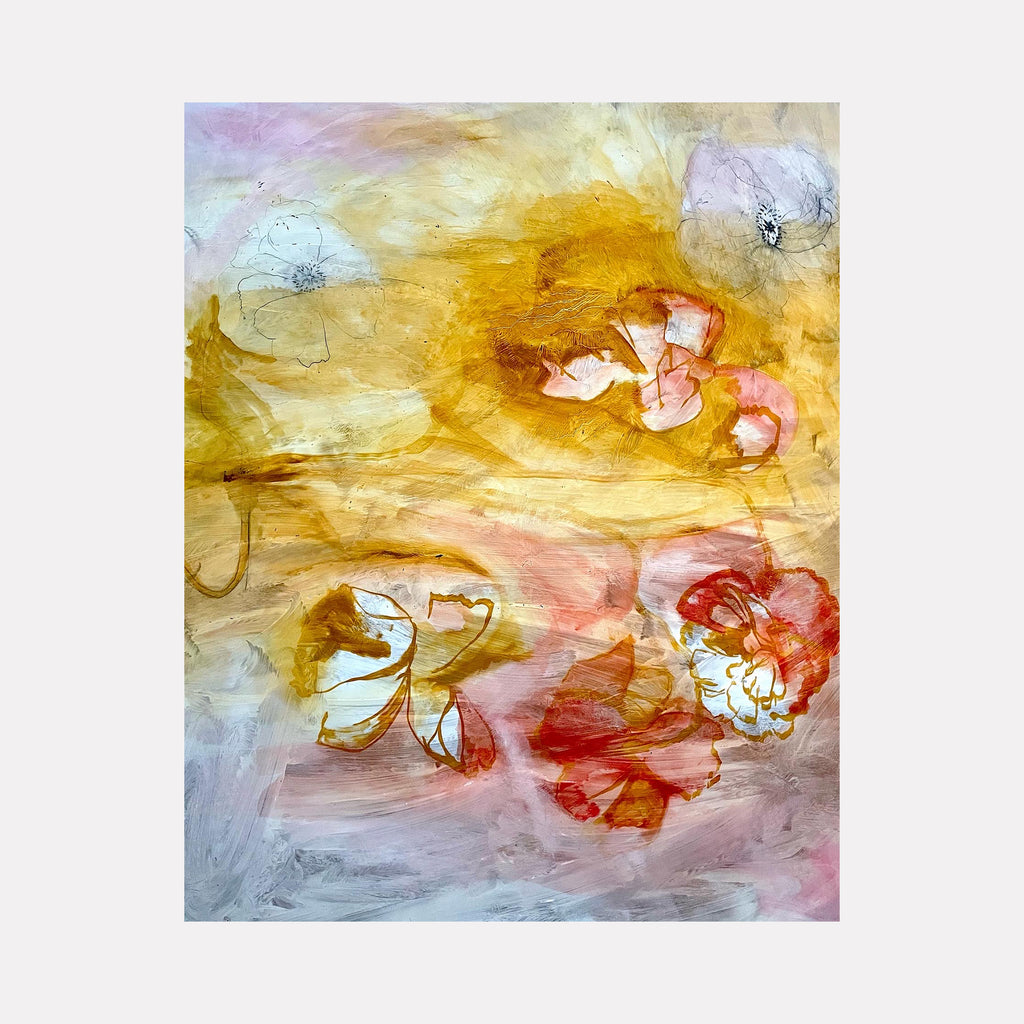 The artwork 'Poppies Study' by Lauren Orscheln features delicate pink and red poppies floating on a dreamy background of golden yellows and soft grays. The oil painting on masonite showcases loose, impressionistic brushstrokes creating an ethereal, abstract floral composition with gentle color transitions and expressive movement. By Lauren Orscheln.