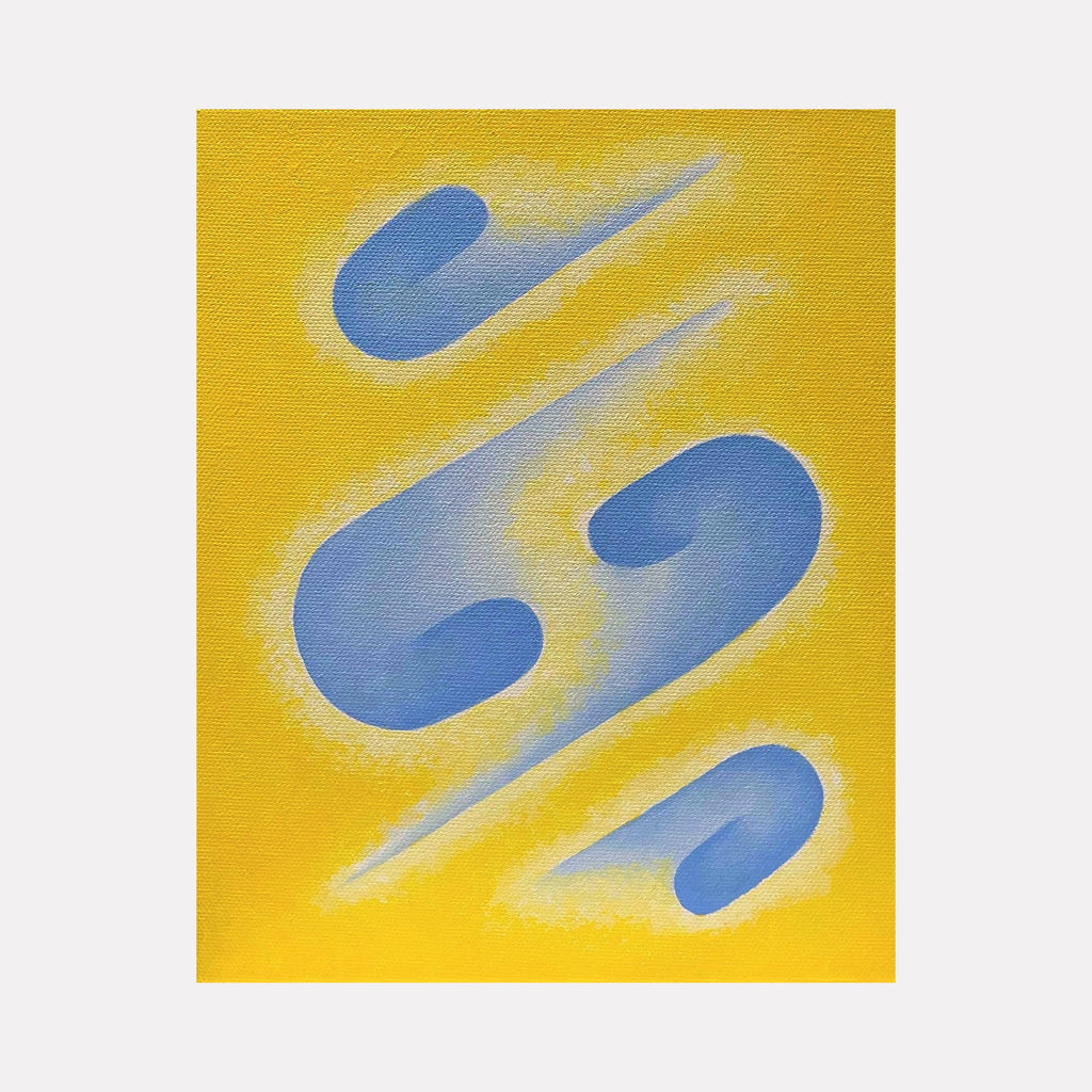 The artwork 'Remember I'll Always Be True' by Joe Piscopia features three abstract blue curved shapes flowing diagonally across a vibrant yellow canvas. The shapes appear to float with soft, blended edges creating a sense of movement and depth. The 10x8 inch acrylic painting combines bold contrasting colors in a minimalist modern style.