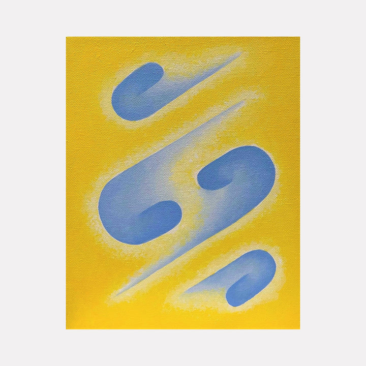 The artwork 'Remember I'll Always Be True' by Joe Piscopia features three abstract blue curved shapes flowing diagonally across a vibrant yellow canvas. The shapes appear to float with soft, blended edges creating a sense of movement and depth. The 10x8 inch acrylic painting combines bold contrasting colors in a minimalist modern style.