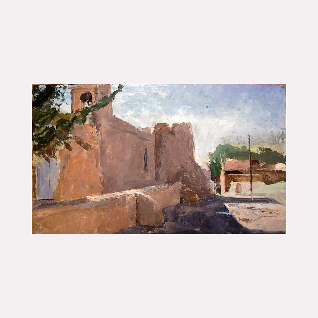 The artwork 'Ranchos Church, Taos' by Peter Colquhoun captures a historic adobe church with earthen walls in warm terracotta tones against a bright blue sky. The oil painting depicts angular shadows on the traditional New Mexican architecture, featuring weathered walls and rustic architectural details, with desert vegetation and utility poles in the background.