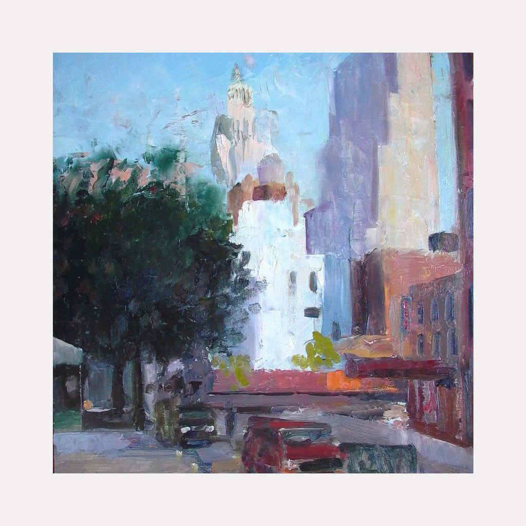 The artwork 'Reade Street' by Peter Colquhoun depicts an urban cityscape featuring a towering white church spire against a vibrant blue sky. Impressionistic brushstrokes capture tree-lined streets, parked cars, and brick buildings in muted reds and purples. Oil on panel creates a dynamic interplay of light and shadow in this 20x17 inch contemporary city scene.