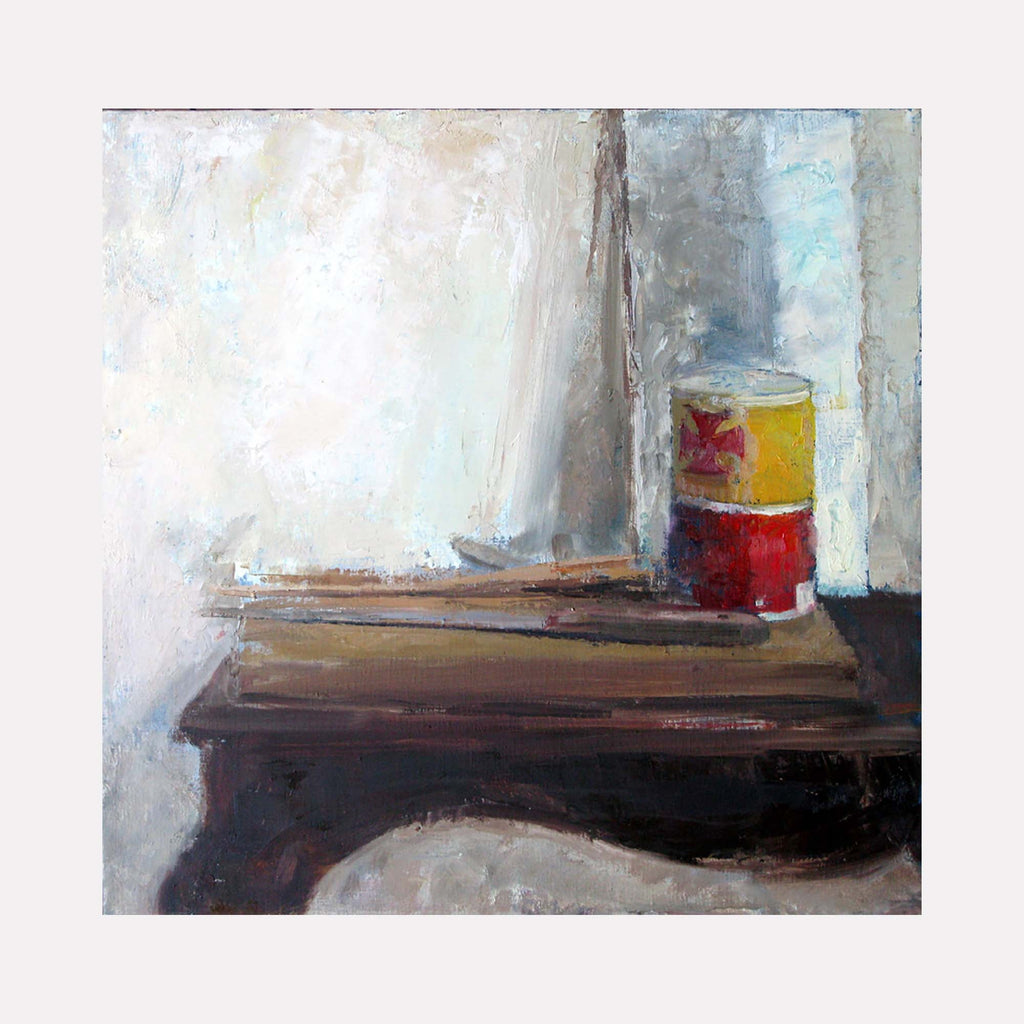 The artwork 'Red Cross Salt' by Peter Colquhoun features a minimalist still life composition on an 18x18 inch oil painting. A cylindrical container with red and yellow bands sits on a dark wooden surface against a muted gray and white background, rendered with expressive brushstrokes and subtle color transitions in oil on linen. By Peter Colquhoun.