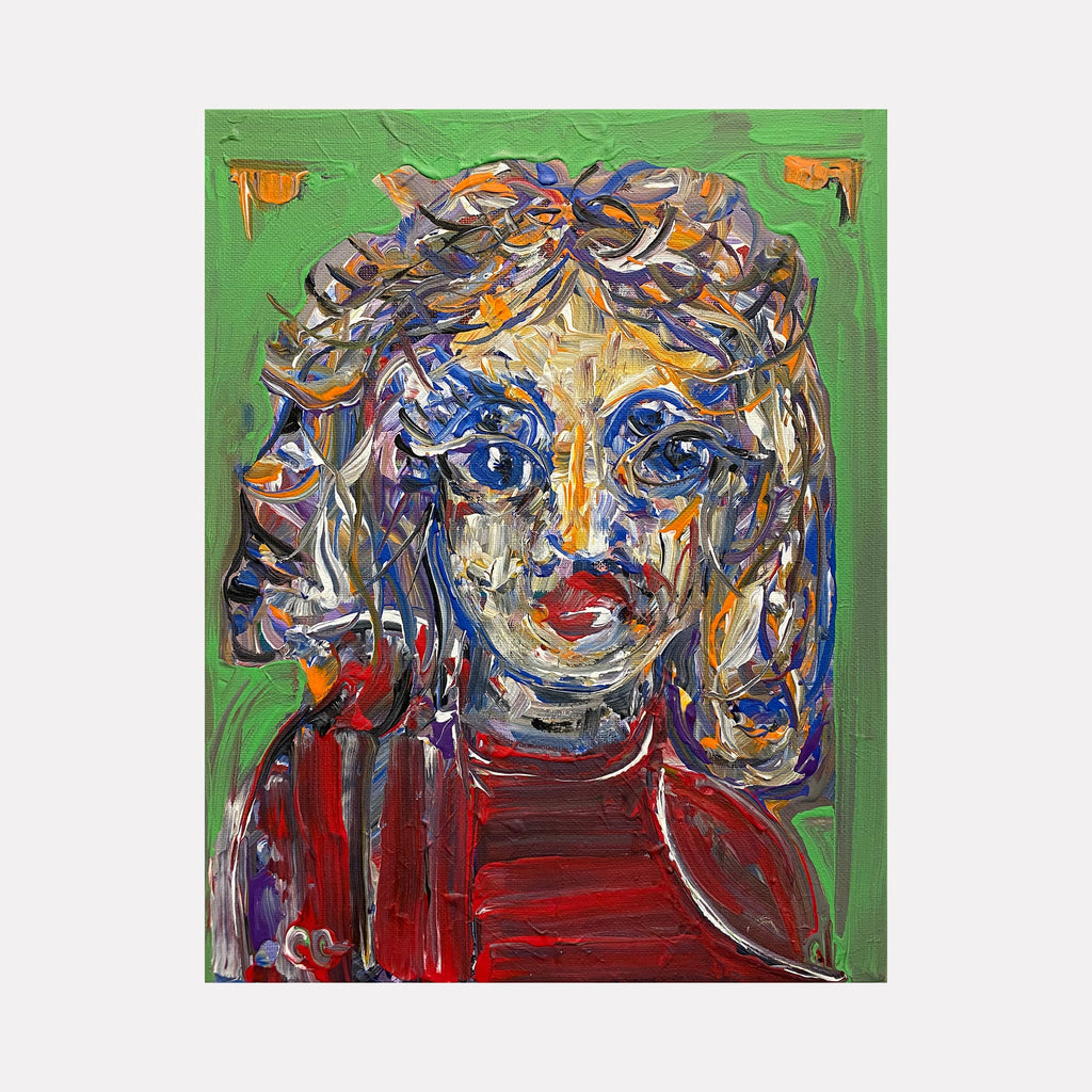 The artwork 'Red Sweater' depicts an expressionistic portrait against a vibrant green background, featuring bold brushstrokes in blue, gold, and purple creating dynamic curving lines. The figure wears a striking red sweater with thick textural acrylic paint application. Contemporary abstract style on 14x11 inch canvas by Chancy Glance.