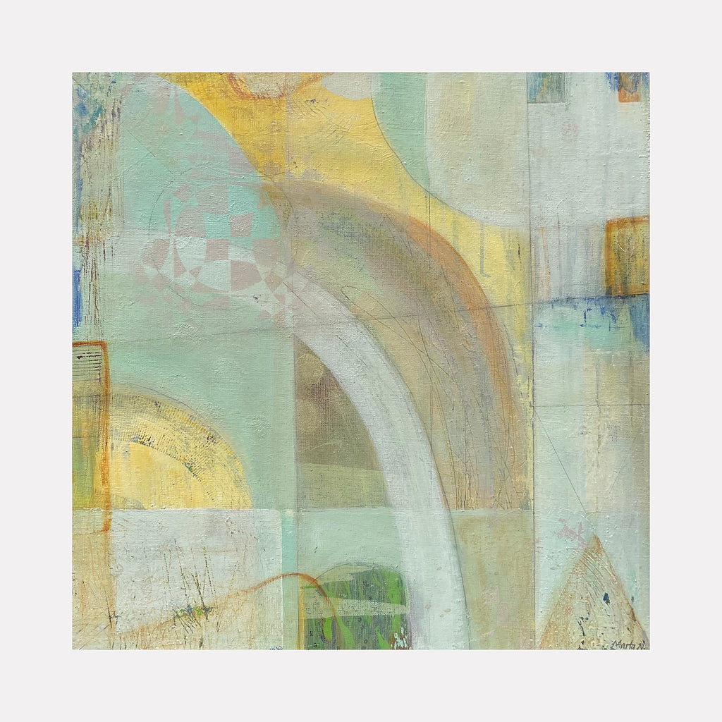 The artwork 'Reflections' by Marta Nowicka features abstract geometric shapes in soft mint green, golden yellow, and pale grey tones. Curved lines and arches flow across a textured canvas, creating a dreamy, ethereal composition with subtle layering and weathered effects. The 20x20 inch acrylic painting combines modern minimalism with gentle color transitions.