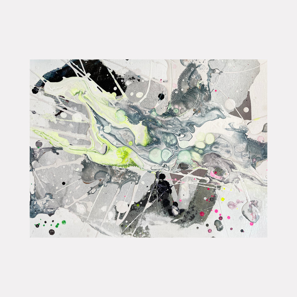 Controlled Chaos Study 2" by Renee Phillips features dynamic abstract composition with fluid teal and lime green streaks against a misty gray background. Mixed media artwork combines photographic elements with splattered ink patterns, acrylic paint, and gesso, creating ethereal movement and dramatic contrast on archival paper.