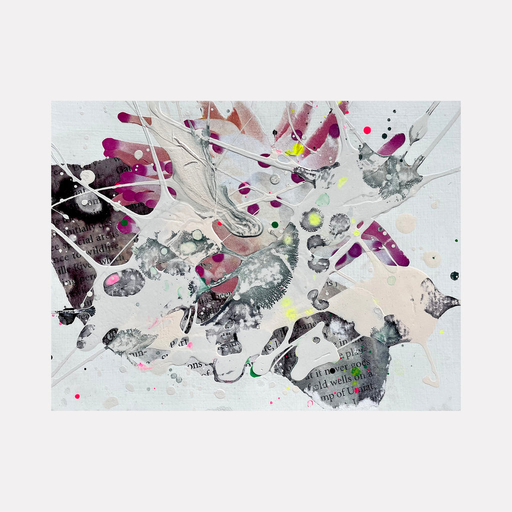 Controlled Chaos Study 4 by Renee Phillips features dynamic splashes of magenta and yellow accents against a soft gray and white background. Abstract mixed media composition combines photography with ink splatters, creating an explosive pattern. Textural elements of acrylic and gesso add depth to the 6x8 inch archival paper artwork.