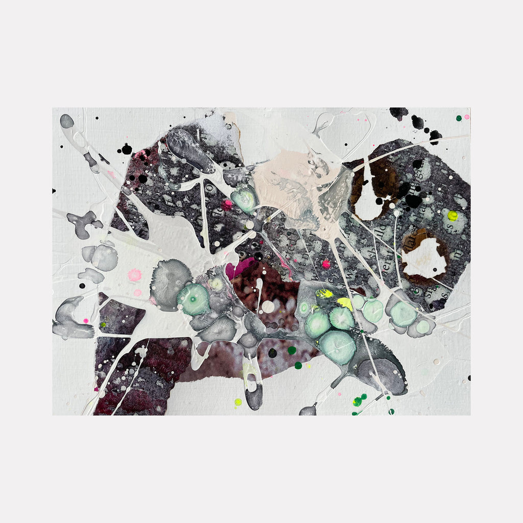 Controlled Chaos Study 5 by Renee Phillips features an abstract mixed media composition with splattered ink forms in black, grey, and burgundy, accented by mint green bubbles and tiny spots of vibrant colors. White geometric lines intersect the organic shapes, creating dynamic movement across a light grey background.