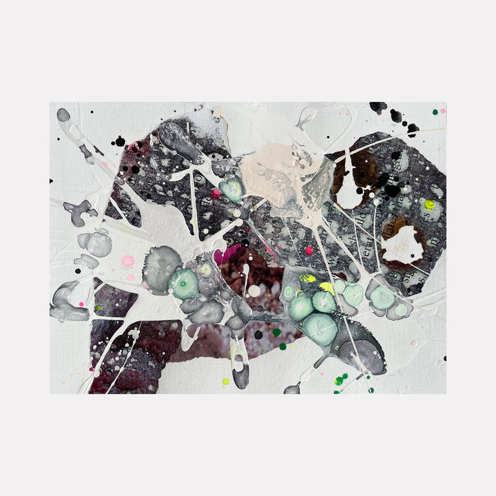Controlled Chaos Study 5 by Renee Phillips features an abstract mixed media composition with splattered ink forms in black, grey, and burgundy, accented by mint green bubbles and tiny spots of vibrant colors. White geometric lines intersect the organic shapes, creating dynamic movement across a light grey background.