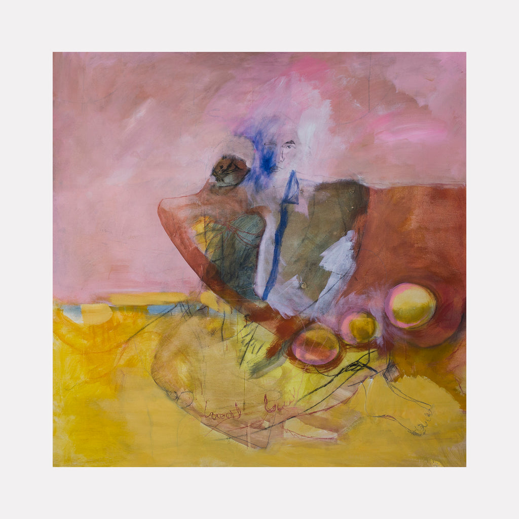 The artwork 'Resting on Andrew's Shoulder' by Lauren Orscheln features abstract expressionism with flowing brushstrokes in salmon pink and vibrant yellow hues. The composition showcases organic shapes merging with circular forms, textured with graphite details. The 48x48 acrylic painting combines warm earth tones with ethereal blue accents, creating a dynamic contemporary composition.