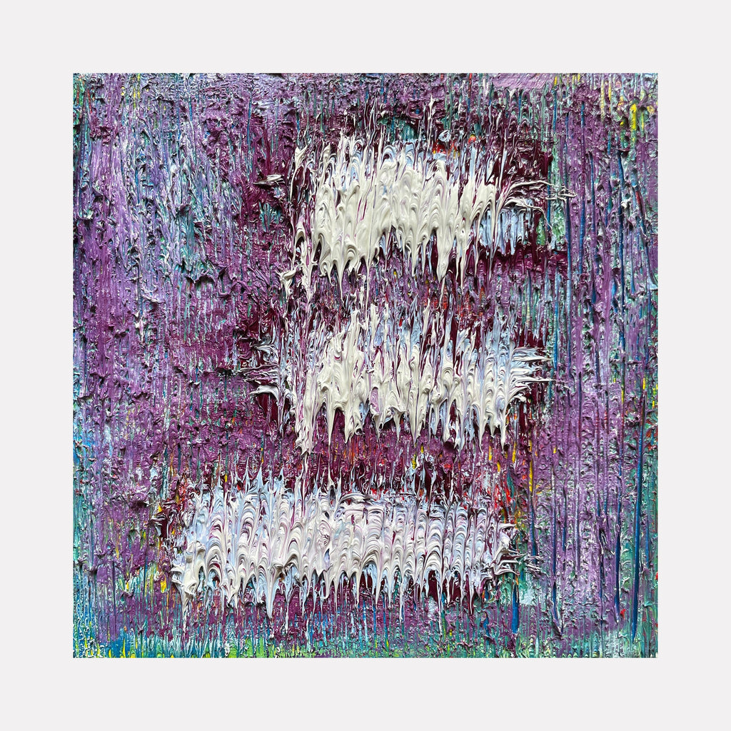 The artwork 'Number 34' by Roberto A Godinez features dynamic white brushstrokes against a rich purple and turquoise background. Abstract expressionist drip technique creates vertical streaks and textured layers, with thick impasto oil paint application. Three prominent white marks cascade down the canvas, creating depth and movement against the vibrant color field. By Roberto A Godinez.
