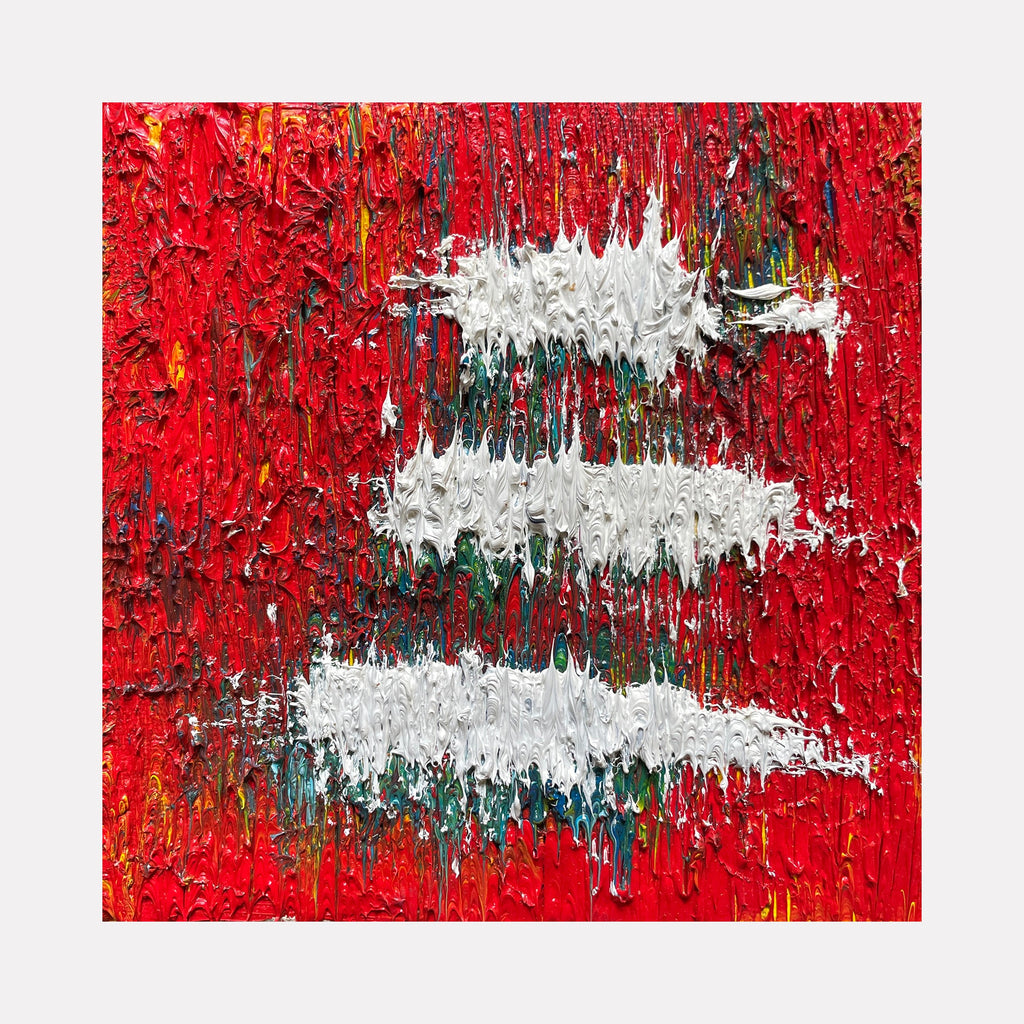 The artwork 'Number 35' by Roberto A Godinez features three horizontal white abstract brushstrokes against a vibrant red textured background. The oil painting showcases dynamic impasto technique with dripping effects, creating a striking contrast between the bold crimson field and pure white gestural marks, with subtle touches of teal peeking through the layers.