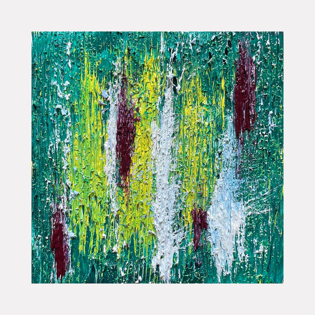 The artwork 'Number 37' by Roberto A Godinez features abstract vertical streaks in vibrant teal, chartreuse yellow, burgundy, and white. The oil painting showcases a heavily textured surface with dynamic dripping effects, creating a forest-like atmosphere through expressive brushstrokes on a 6x6 inch canvas by Roberto A Godinez.