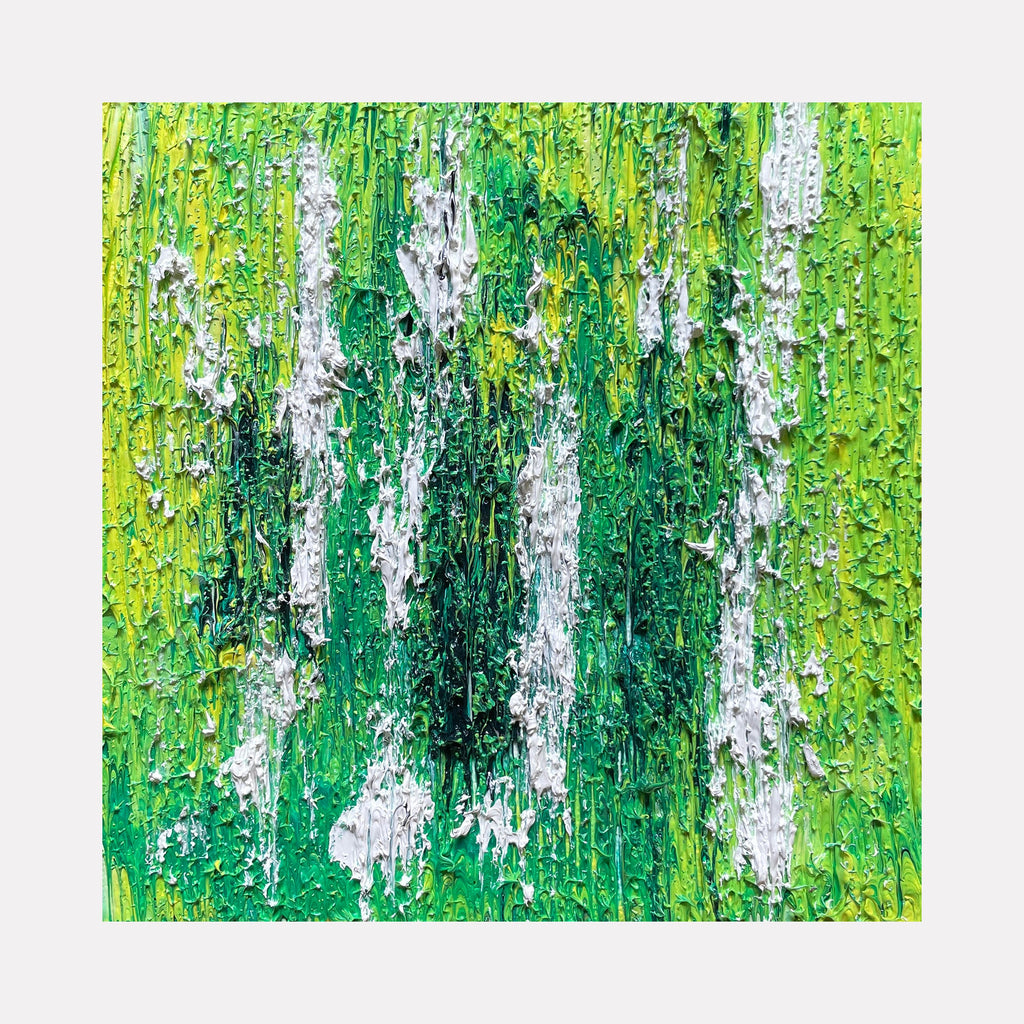 The artwork 'Number 38' by Roberto A Godinez features vibrant abstract expressionism with vertical streaks of lime green and emerald tones, complemented by textural white brushstrokes. The oil painting creates a dynamic forest-like effect through impasto technique, with thick paint application creating depth and movement on the 6x6 inch canvas.