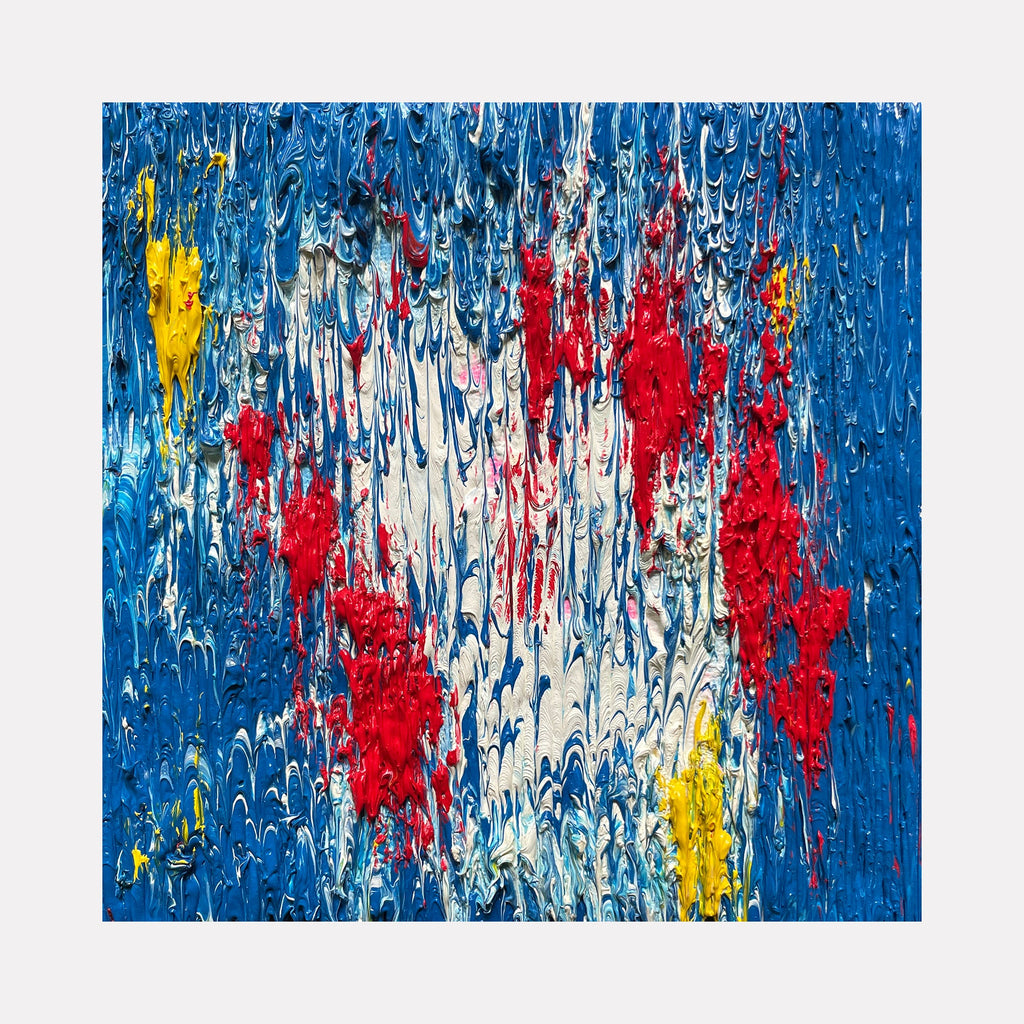 The artwork 'Number 44' by Roberto A Godinez features a vibrant abstract composition with dripping paint technique. Deep blue dominates the background, while bold red splashes and yellow accents create dynamic contrast. The textured surface shows vertical streaks and fluid patterns, suggesting movement and energy in this 6x6 oil painting by Roberto A Godinez.