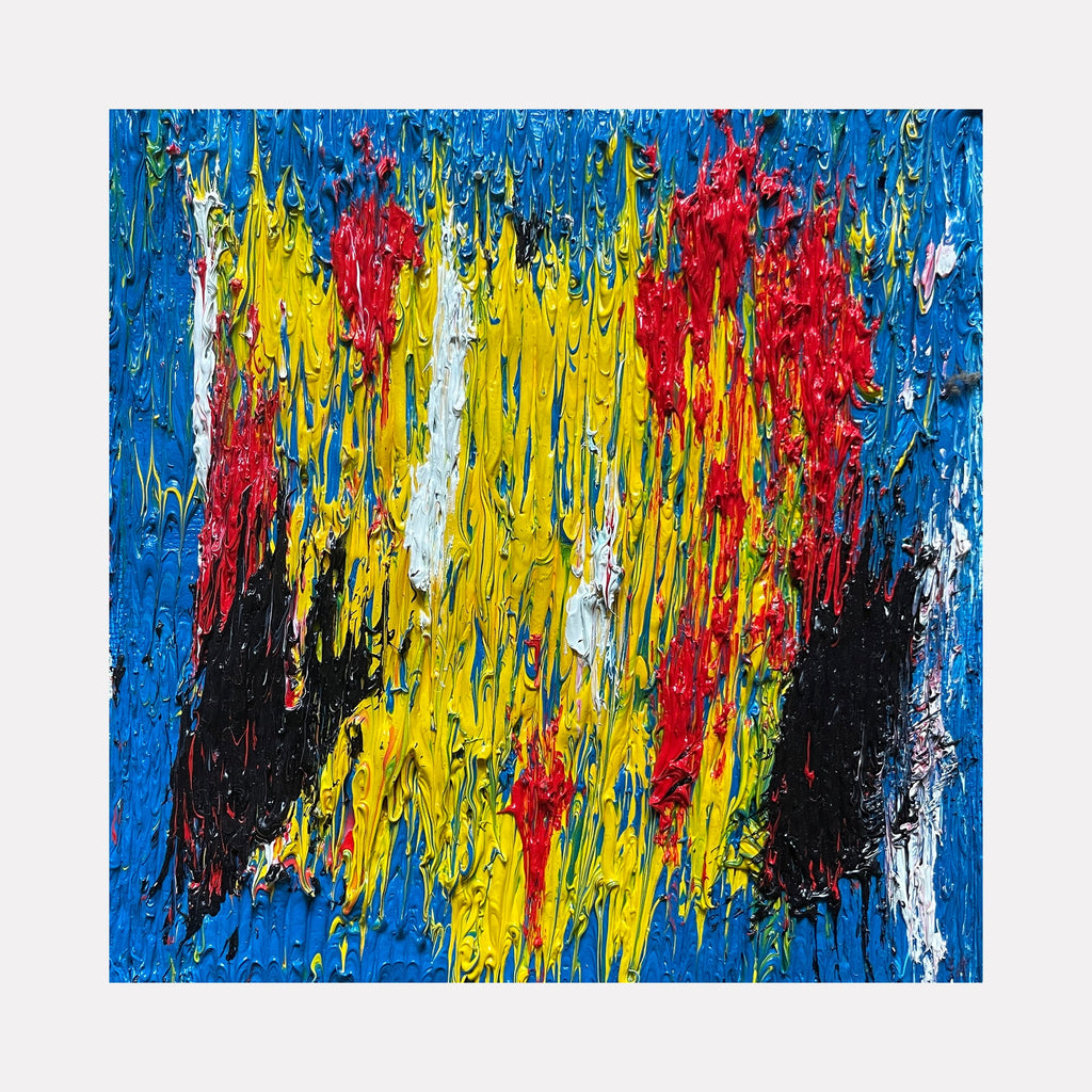 The artwork 'Number 48' by Roberto A Godinez features bold vertical drip painting technique with vibrant yellow dominance, contrasted by intense red splashes and deep black sections against a bright blue background. Heavy impasto texture creates dynamic movement through abstract expressionist style on 6x6 inch oil canvas.