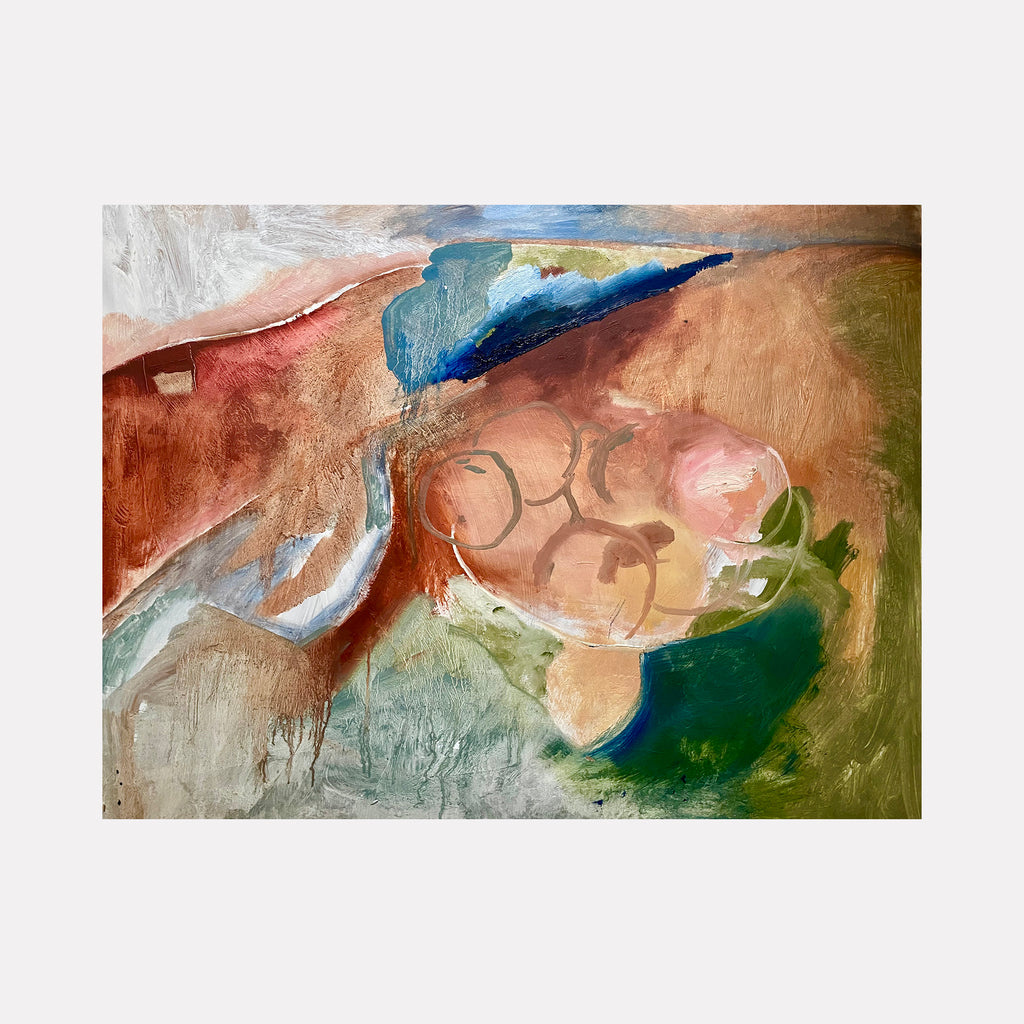 Rudy swims in the Longhorn Pond by Lauren Orscheln: An abstract oil painting depicting fluid movement through earthy terracotta, deep teal, and soft peach tones. Sweeping brushstrokes create a dynamic composition with organic shapes flowing across the masonite surface, suggesting aquatic motion and natural landscapes.