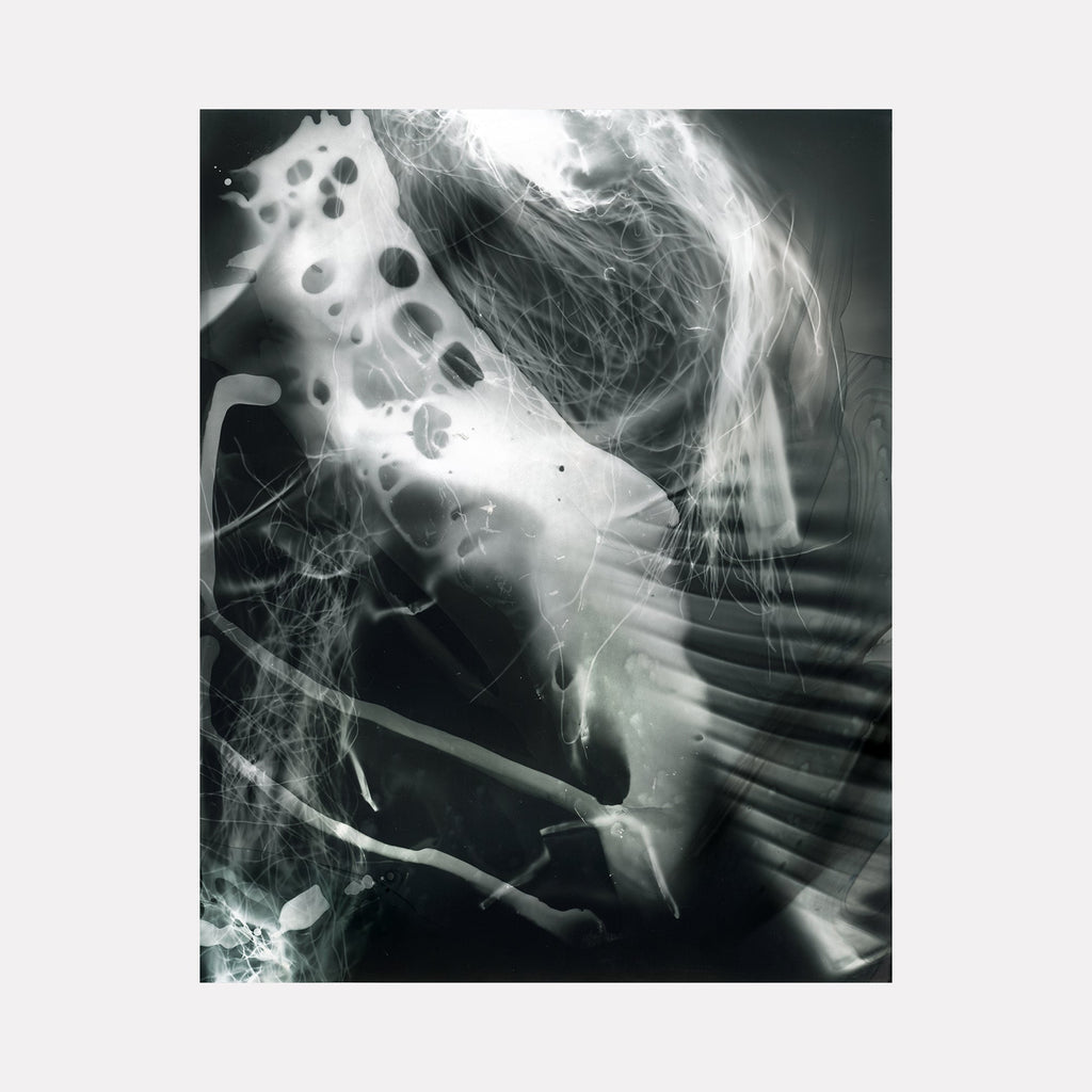The artwork 'Fiber Optic Flow' by Sarah Canfield features ethereal black and white abstract photography, capturing luminous strands and organic patterns reminiscent of flowing light through fiber optic cables. Wispy tendrils and geometric shapes create a dynamic interplay of light and shadow, displayed as a monochromatic pigment print on paper.