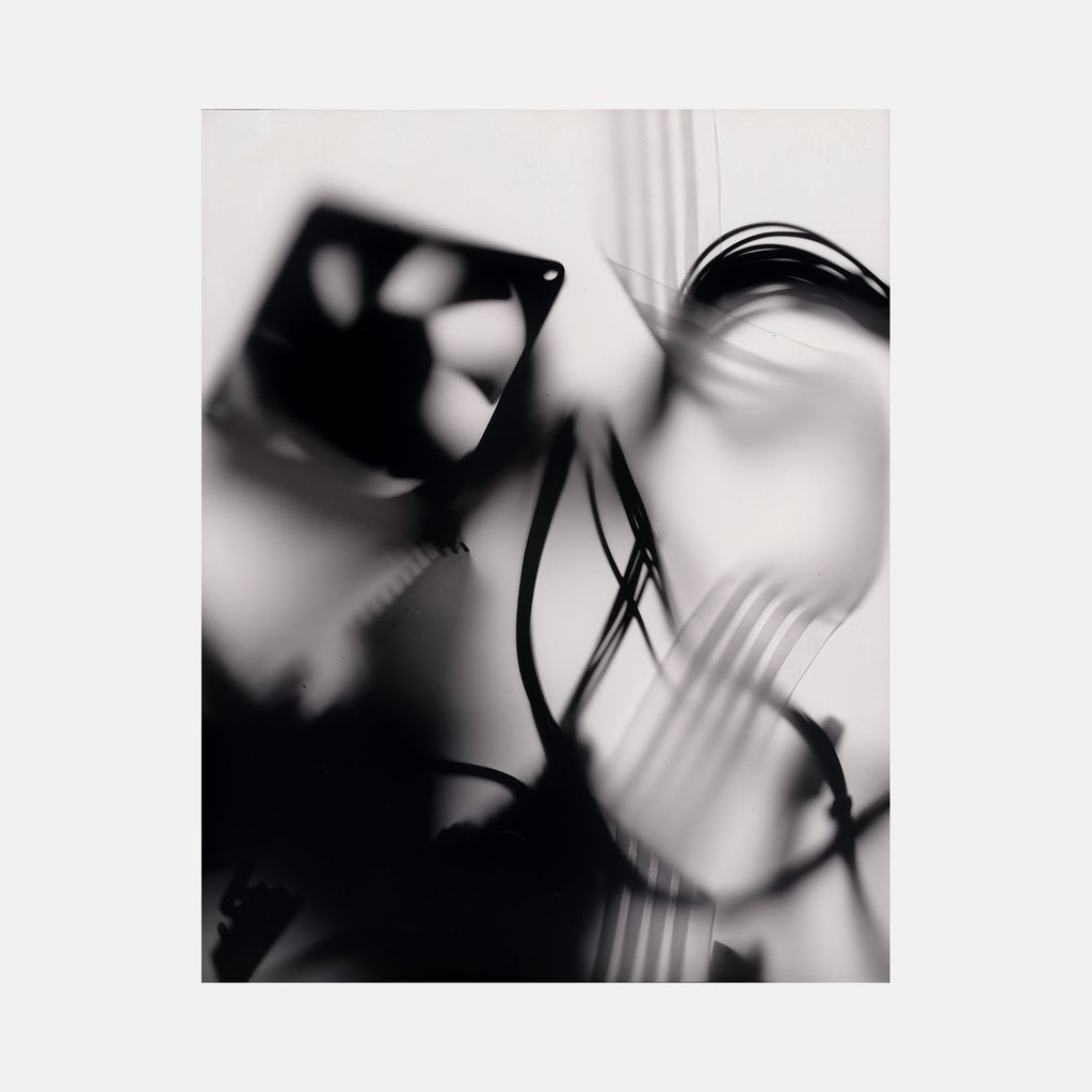 The artwork 'Inner Cord' by Sarah Canfield features an abstract black and white pigment print composition with ethereal shadows and geometric shapes. Sharp linear elements intersect with soft, blurred forms creating a dramatic interplay of light and darkness. The monochromatic palette emphasizes the sculptural quality of the curved lines and angular elements.