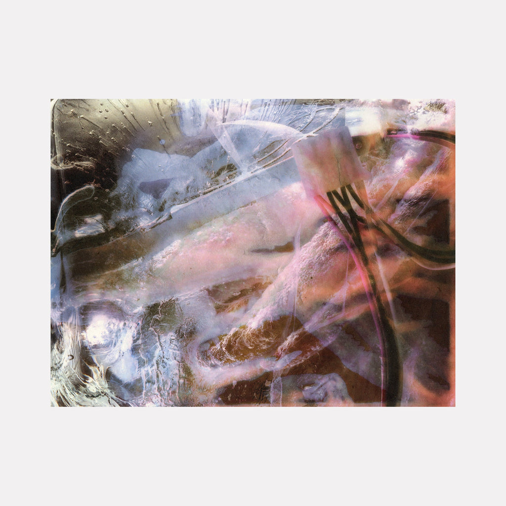 The artwork 'The Visible Cord: study' by Sarah Canfield features ethereal abstract composition on rice paper, showcasing intertwining swirls in muted blues, pinks, and browns. The inkjet print creates a dreamlike effect with translucent layers and organic curved lines, suggesting movement and fluidity across the 7.5 x 10 inch surface.