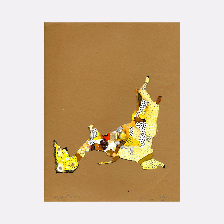 The artwork 'Flat Chick' by Linda Lee Nicholas features an abstract cut-out composition on brown paper displaying yellow, white, and dotted patterns forming irregular organic shapes. The piece combines ink and paper cutout techniques, creating a dynamic contrast between the textured patterns and solid background, measuring 8.5 x 11 inches.
