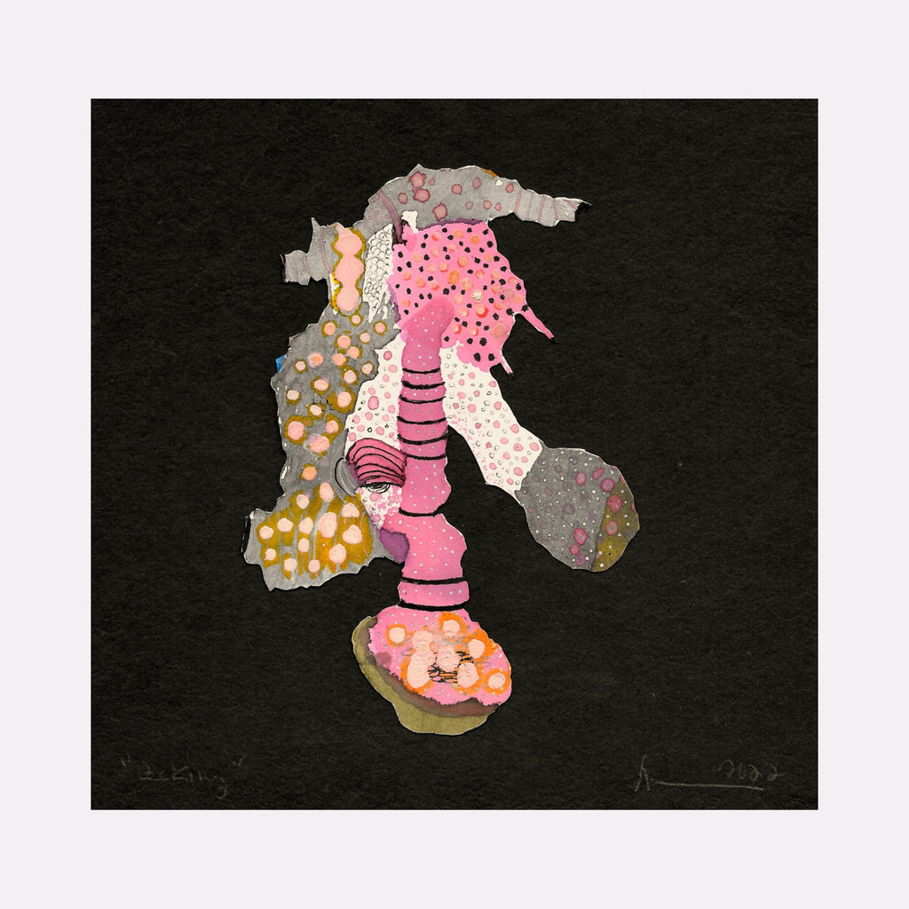 The artwork 'Peeking' by Linda Lee Nicholas features an abstract ink cut-out composition with playful pink, gray, and orange forms decorated with polka dots. The whimsical design suggests a fragmented figure or organic shape against a deep black background, combining textural elements and geometric patterns in a collage-like style. Created with ink cut-out technique, measuring 9x11.5 inches.