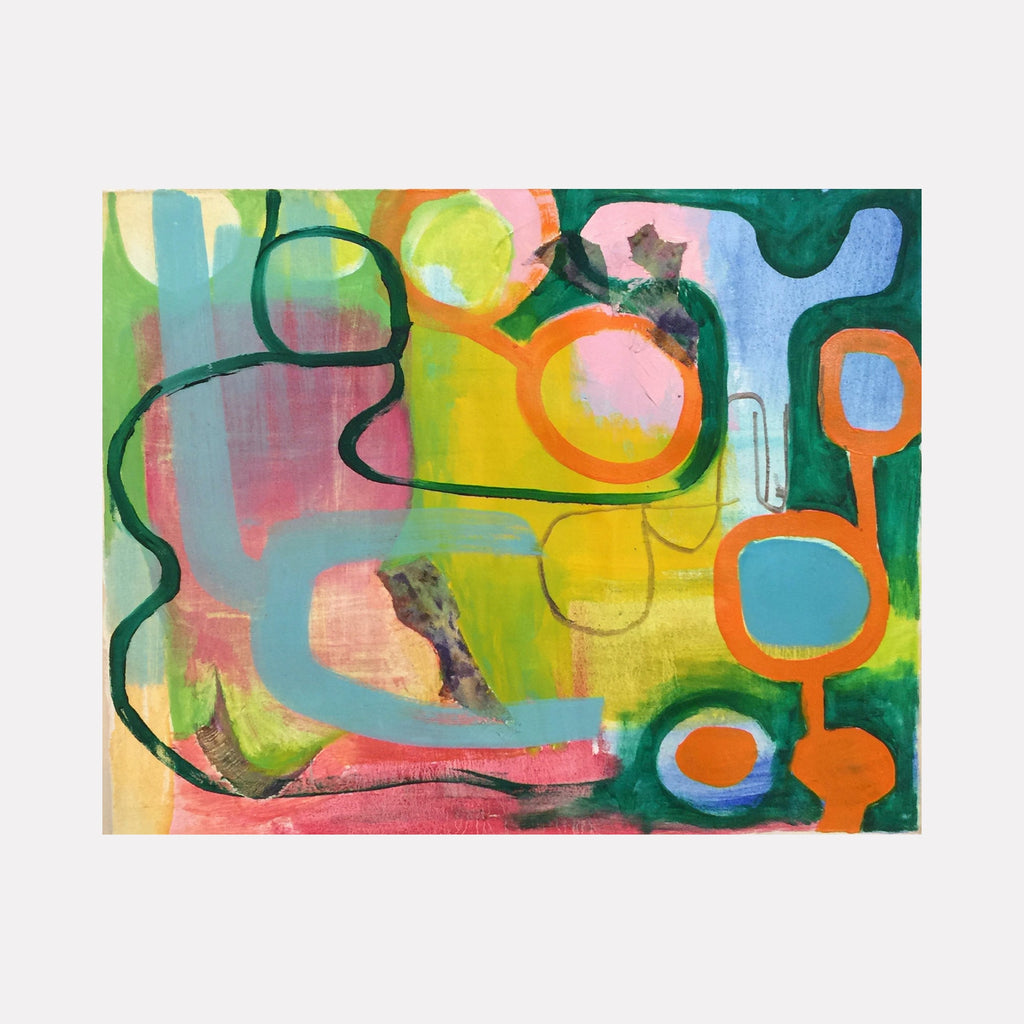 The artwork 'Sertão' by Cecilia Andre features vibrant abstract shapes in organic forms, combining curved lines in deep green, bright orange, and soft blue against a multicolored background. The fabric collage and oil painting technique creates textural depth, with flowing serpentine patterns and circular elements that dance across the 24x30 inch canvas. by Cecilia Andre