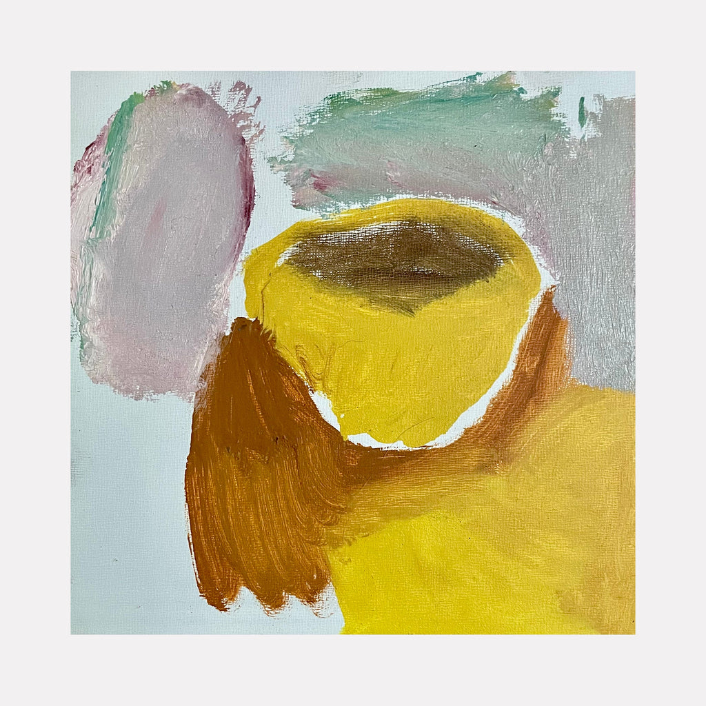 The artwork 'Sherbert Cup' features an abstract composition with bold brushstrokes depicting a vibrant yellow vessel against a muted background. The painting combines warm ochre and golden tones with soft mint green and pale pink accents, creating a dynamic interplay of colors. Oil on masonite by Lauren Orscheln.