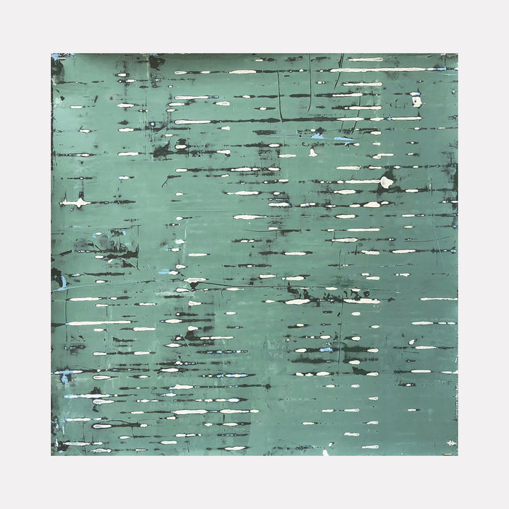 The artwork 'Drifting' by Shira Toren features horizontal streaks and scratches in white and charcoal tones floating across a serene seafoam green background. Created with Venetian plaster on panel, the 16x16 inch piece evokes a sense of movement and tranquility, with textural elements resembling raindrops on water or wind patterns across a calm surface.