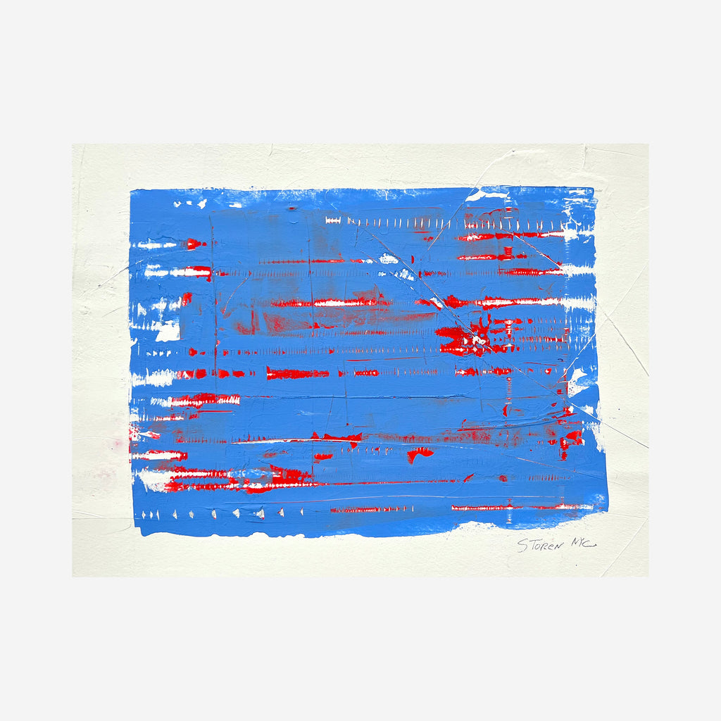 The artwork 'Music Theory' by Shira Toren features vibrant horizontal streaks of red against a bold blue background, created with Venetian plaster and pigment on paper. The composition suggests musical notation with irregular white accents scattered across the surface, creating a rhythmic abstract pattern reminiscent of sheet music or sound waves.