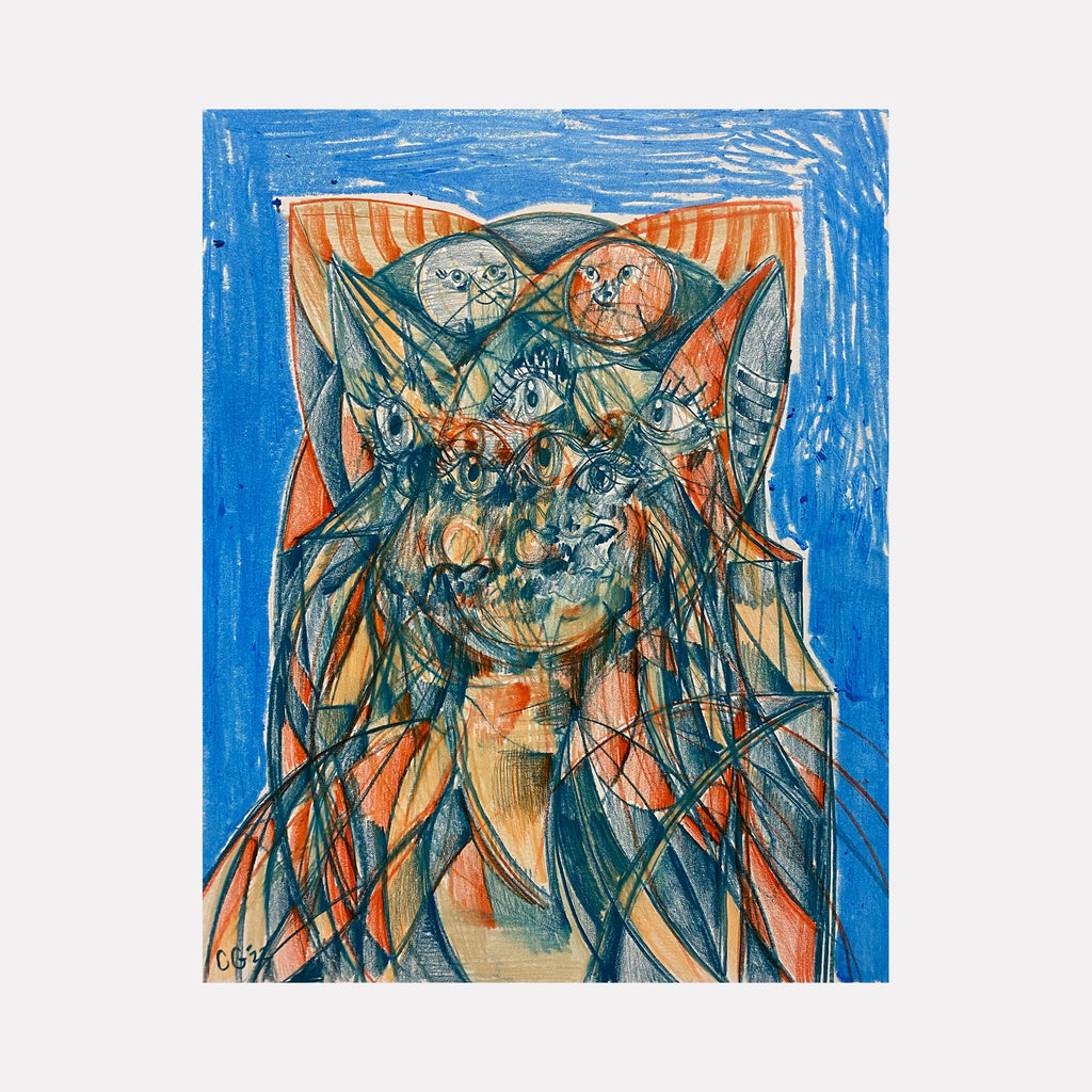 The artwork 'Simultaneously' by Chancy Glance features an abstract composition with geometric triangular shapes in vibrant blue and orange hues. Angular lines create a dynamic pattern, overlapping to form a central focal point against a bright blue background. Created with colored pencil and marker on Bristol paper, the piece exhibits a striking interplay of warm and cool tones in a modernist style. By Chancy Glance.