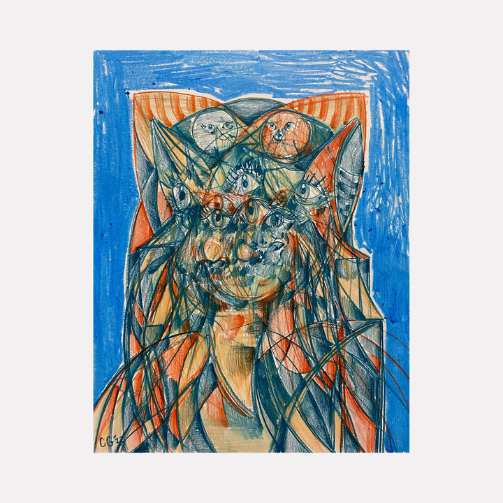 The artwork 'Simultaneously' by Chancy Glance features an abstract composition with geometric triangular shapes in vibrant blue and orange hues. Angular lines create a dynamic pattern, overlapping to form a central focal point against a bright blue background. Created with colored pencil and marker on Bristol paper, the piece exhibits a striking interplay of warm and cool tones in a modernist style. By Chancy Glance.