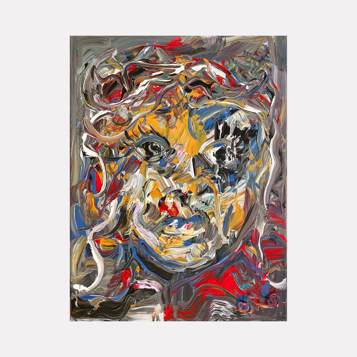 The artwork 'Soaking Myth' by Chancy Glance features dynamic abstract expressionism with swirling brushstrokes in vibrant red, blue, yellow, and white. Bold gestural marks create a turbulent composition with a central focal point emerging from layered acrylic paint. The 12x9 inch canvas showcases energetic movement through interweaving colors and dramatic contrasts.