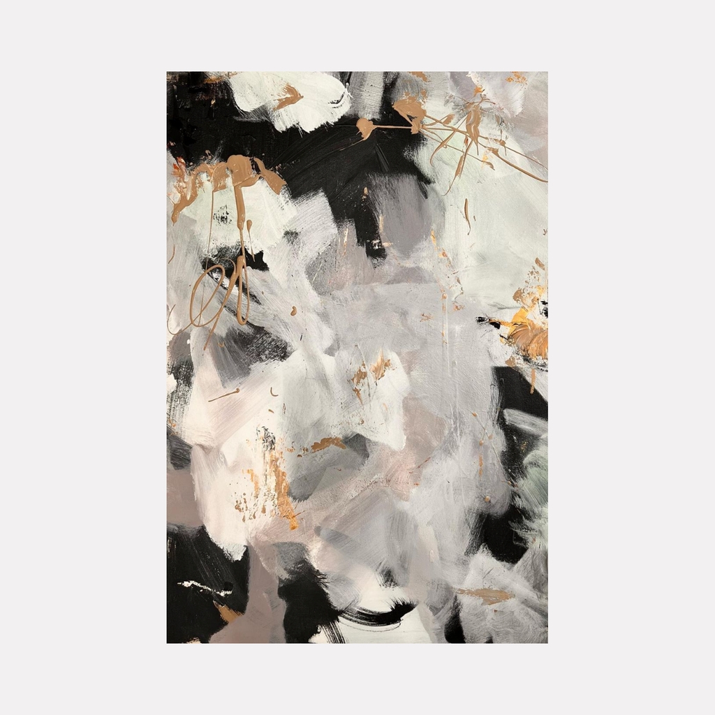 The artwork 'Specs' by Kyria Fortina features an abstract composition with dynamic brushstrokes in black, white, and gray tones, accented with metallic copper highlights. Bold gestural marks create a sense of movement across the canvas, with contrasting dark and light areas merging in ethereal clouds of paint. The acrylic painting showcases expressive techniques and textural elements on stretched canvas.