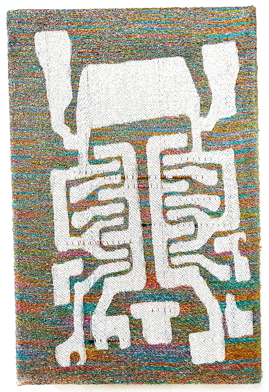 The artwork 'Spider Spirit' by Robin Kang features an abstract geometric white figure against a vibrant multicolored background. Handwoven with iridescent metallic yarn and cotton, the 13x8 inch piece displays intricate angular patterns resembling a stylized arachnid form. The background shimmers with interweaving threads of turquoise, orange, and rainbow hues, creating a dynamic textile composition by Robin Kang.