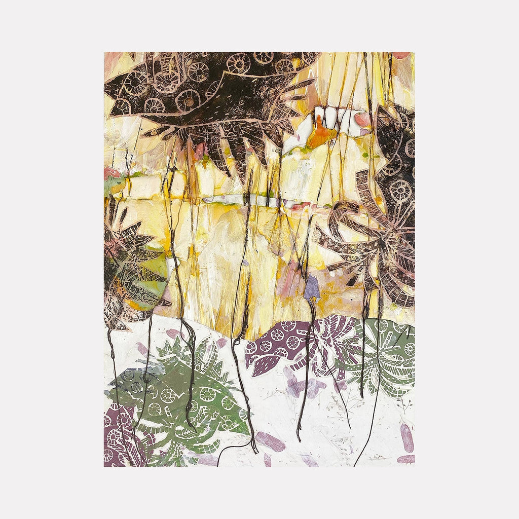 The artwork 'Spring Fling' by Christina Massey features abstract floral patterns with delicate line work against a luminous yellow background. Dark botanical silhouettes and intricate spiral motifs in purple and sage green create a layered effect. The mixed media technique combines textural elements with ethereal washes, evoking a dreamy spring garden atmosphere. By Christina Massey.