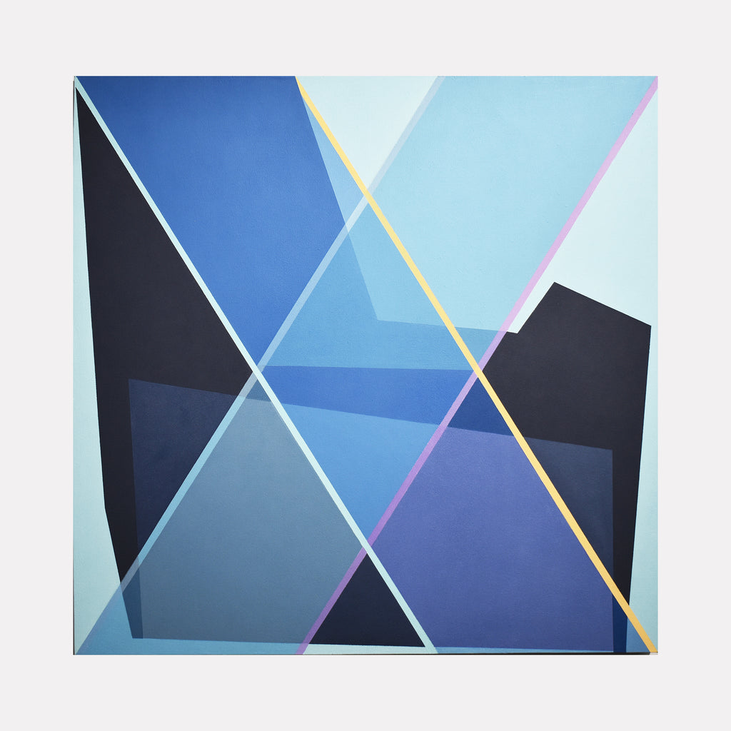 The artwork 'Staged X1' by Kati Vilim features a geometric abstract composition with intersecting angular shapes in varying shades of blue and black, accented by thin yellow and pink diagonal lines. The minimalist design creates depth through overlapping transparent forms against a light blue background, painted in oil on canvas over panel.