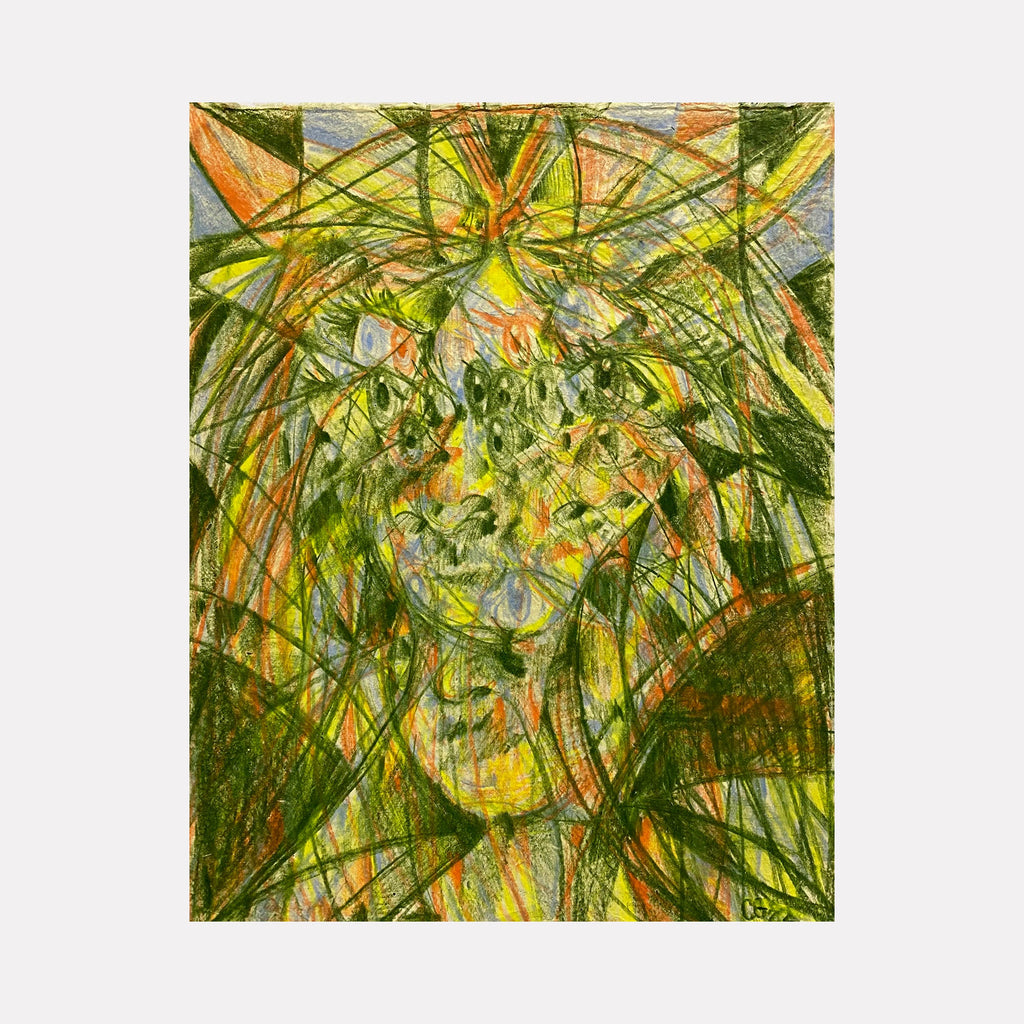 The artwork 'Stitched Together' by Chancy Glance features vibrant layered strokes in green and orange hues, creating an abstract composition with dynamic intersecting lines and organic patterns. Rendered in colored pencil on lokta paper, the piece exhibits a radiant center with sweeping arcs and botanical-like elements, measuring 11x8.5 inches.