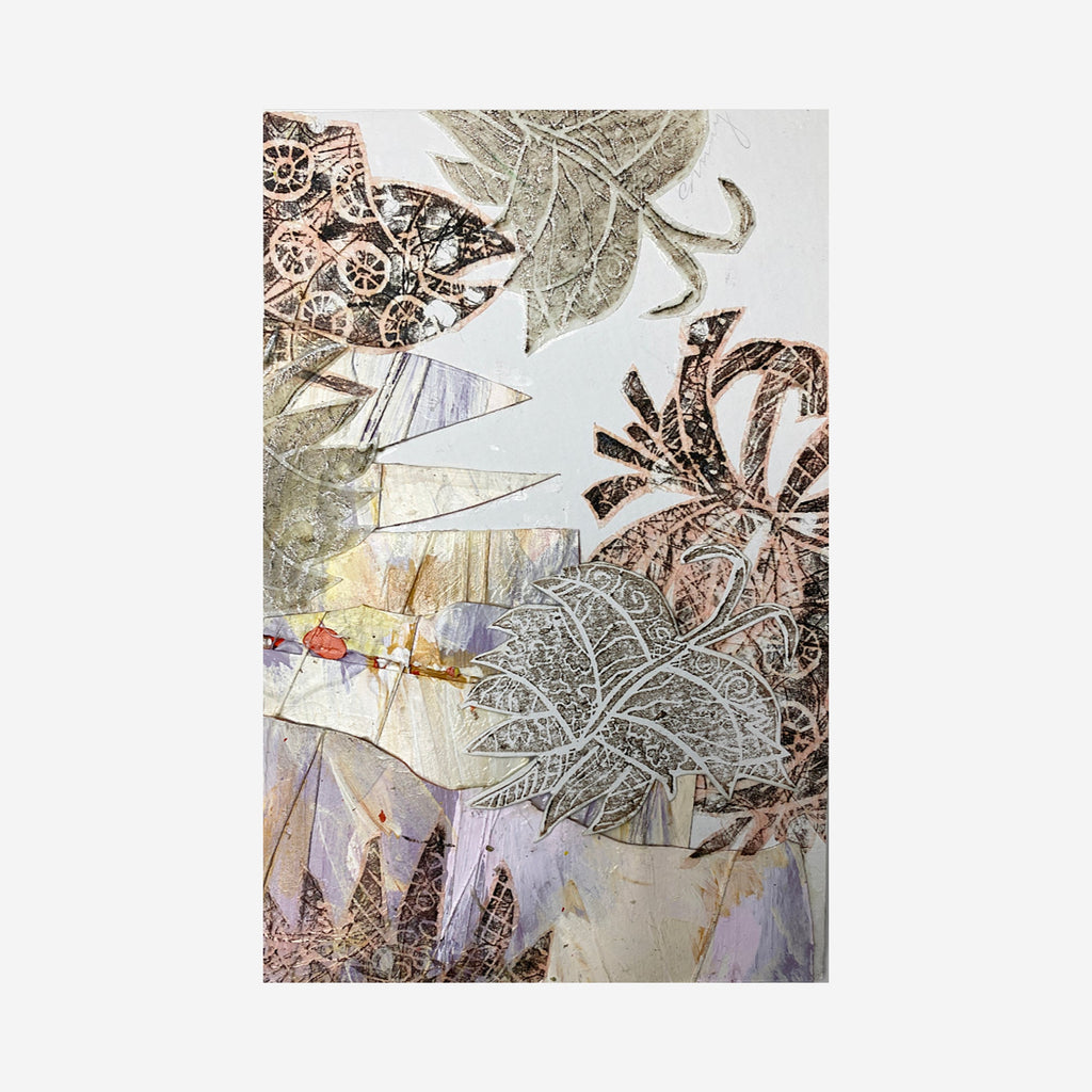The artwork 'Study in Lilac' by Christina Massey features intricate botanical patterns with delicate silver and copper-toned leaves arranged in a layered composition. Textured metallic elements contrast with soft lilac and cream backgrounds, creating a mixed media effect with subtle geometric shapes and ornate floral details. The 9x6 inch piece combines abstract and naturalistic elements in an ethereal arrangement.