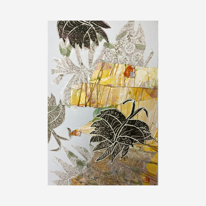 The artwork 'Study in Blond' by Christina Massey features a mixed media composition with intricate palm leaf patterns in dark green and gray tones against a luminous golden-yellow background. The botanical elements create a layered effect with delicate line work and textural details, measuring 9 inches high by 6 inches wide. - Christina Massey