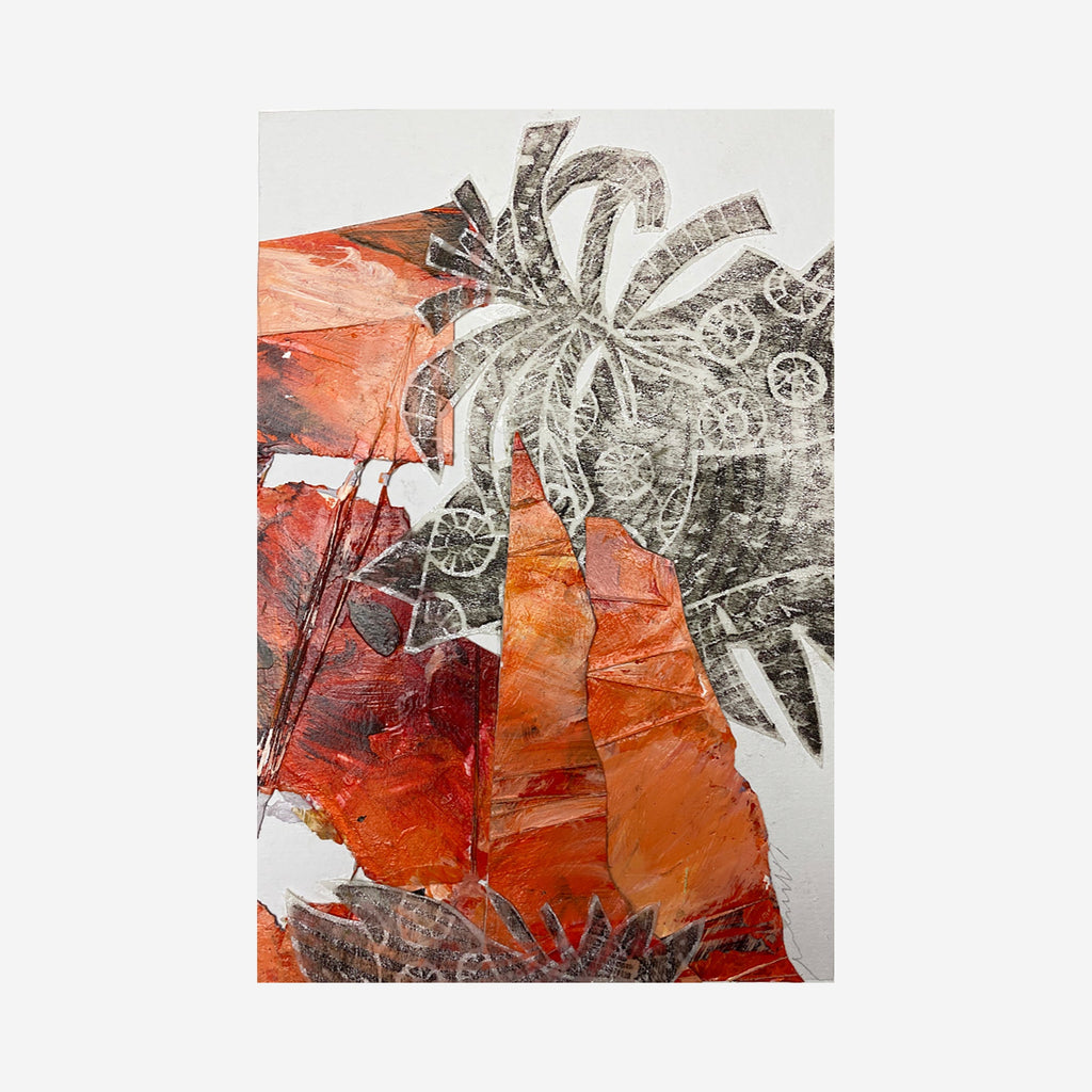 The artwork 'Study in Scarlet' by Christina Massey features a striking contrast of bold orange-red geometric shapes against a white background, with an intricate silver palm tree motif overlaying the composition. The mixed media piece combines textural elements and abstract forms, creating a dynamic interplay between organic and structured patterns, measuring 9x6 inches.