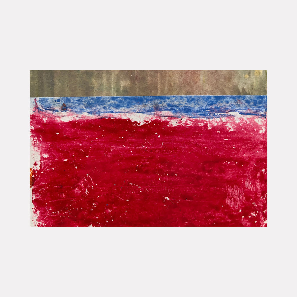 The artwork 'Ne me quitte pas' by Suejin Jo features a bold abstract composition with a dominant crimson red field occupying the lower portion, contrasted by a strip of vibrant blue in the middle, and an earthy brown-gold band at the top. The oil on paper technique creates rich textural elements and layered brushstrokes that add depth and movement to this 4x6 inch piece.