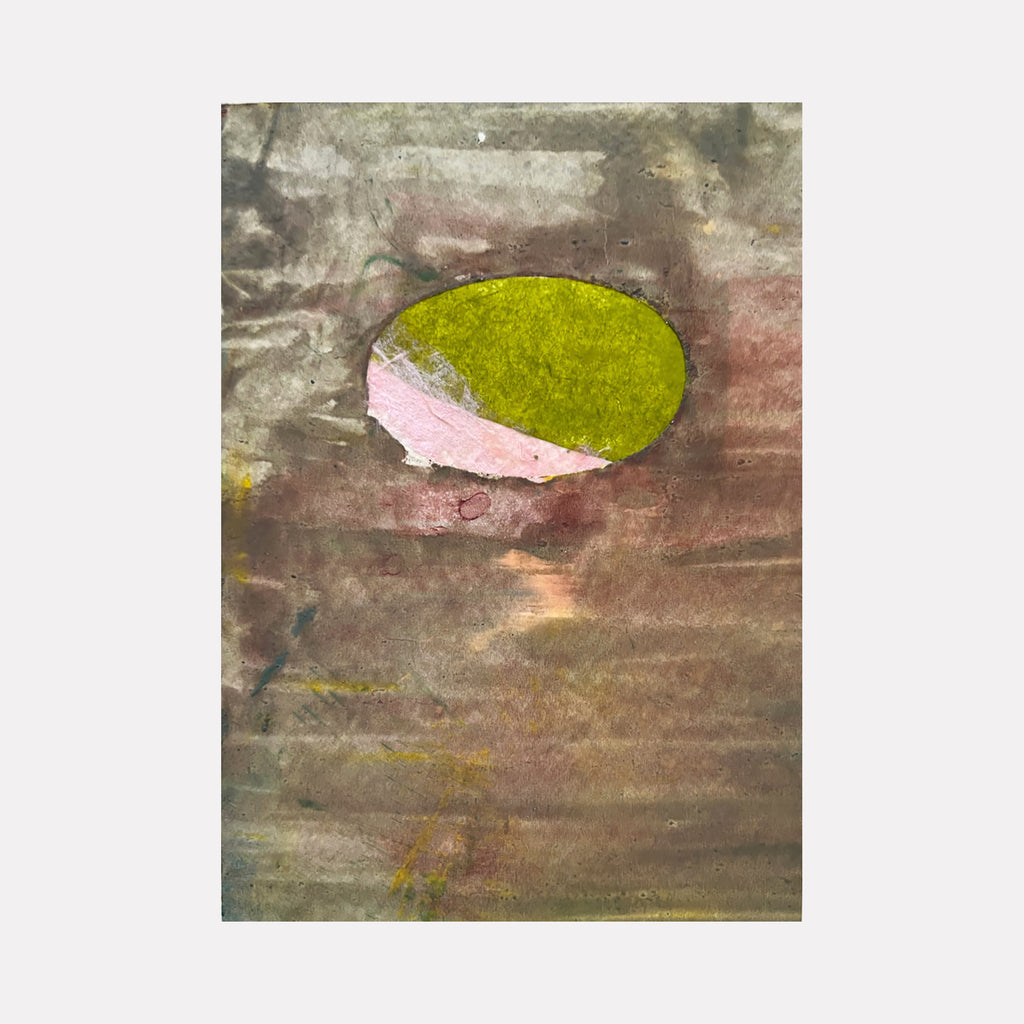The artwork 'Perles de pluie' by Suejin Jo features an abstract oval shape in vibrant chartreuse green and soft pink against a weathered brown background. The oil on paper painting showcases textural brushstrokes and a minimalist composition, creating a dreamy, atmospheric effect reminiscent of rain droplets or natural formations. By Suejin Jo.