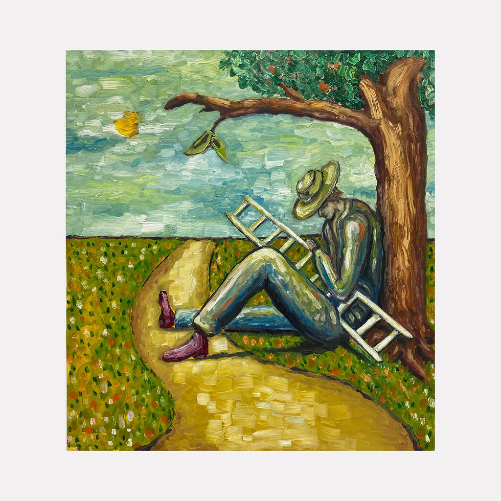 The artwork 'The Dream' by James Greco depicts a figure reclining against a tree trunk in a pastoral setting, painted in impasto oil technique. A curved dirt path winds through a flower-dotted meadow under a turquoise sky with yellow sun. The figure holds a ladder, suggesting contemplation and aspiration. The scene is rendered in vibrant greens, browns, and blues with thick, textural brushstrokes, by James Greco.