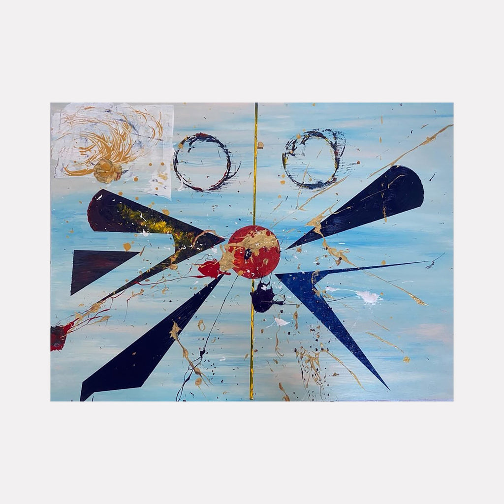 The artwork 'The Face of Space, and Law' by Dom Hiddo features abstract geometric shapes with deep navy blue triangular forms radiating from a central red and gold sphere against a light blue background. Two circular rings float above, while dynamic paint splatters and gestural marks in orange and gold create energetic movement across the acrylic and oil composition on wood.