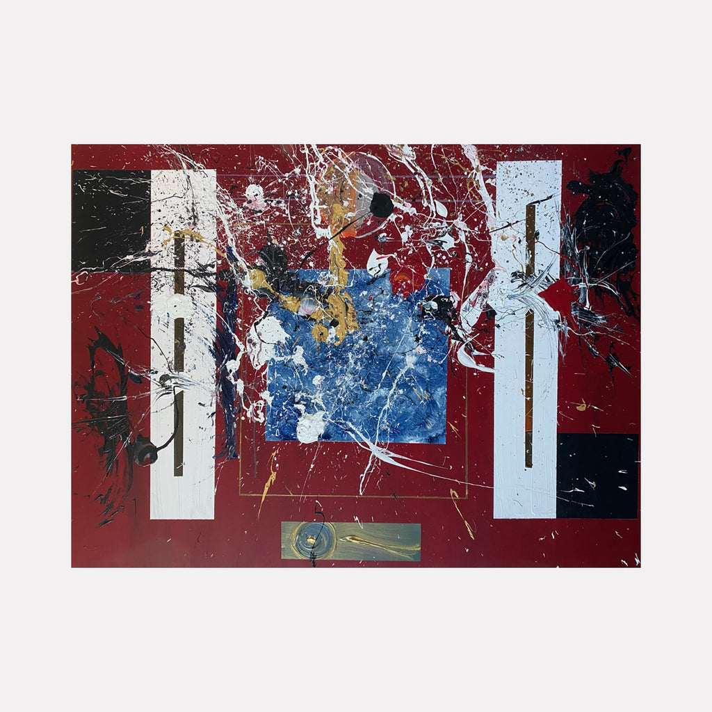 The artwork 'The High Priestess Taking Form' features a dynamic abstract composition with bold geometric shapes in deep red and white borders framing an explosive central burst of blue and gold. Dramatic white paint splatters create movement across the canvas, while vertical black lines add structure. Mixed media on canvas painting by Dom Hiddo.