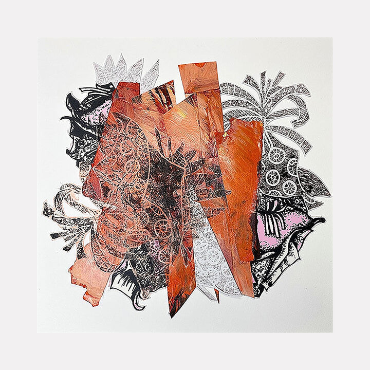 The artwork 'The Shift' by Christina Massey features abstract geometric shapes in coral orange tones layered over intricate black and white botanical patterns. Mixed media composition combining bold angular forms with delicate line work creates dynamic contrast through overlapping textures and organic motifs on paper, measuring 10x10 inches.